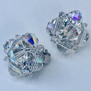 Vintage Signed Laguna Aurora Borealis AB Crystal Clip Earrings